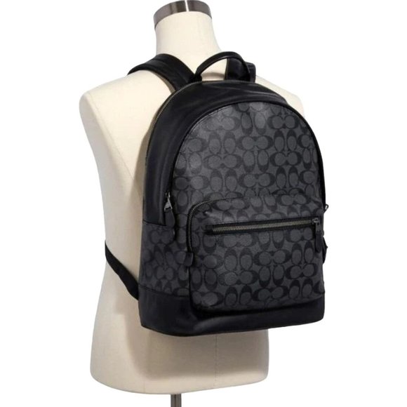 NEW Coach Men's West Large Backpack Charcoal Black Signature Coated Canvas NWT - Picture 2 of 9